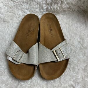 Haflinger glittery silver slip on sandals with side silver tone buckle EUR SZ37